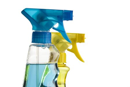 blue and yellow trigger spray bottlesの写真素材