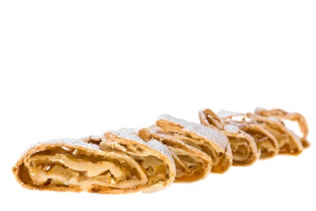 detail of an apple strudel with icing sugarの写真素材