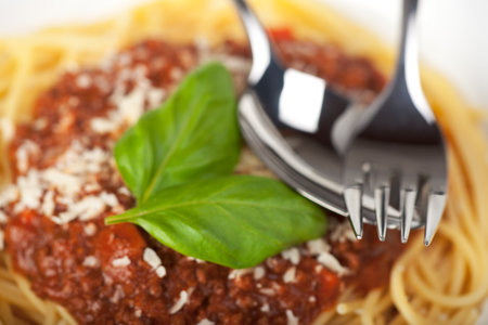 plate with spaghetti bolognese and basil leaf