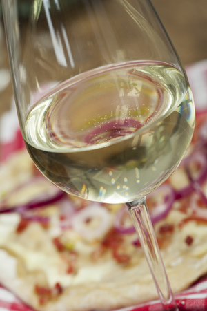white wine and french flammkuechen の写真素材