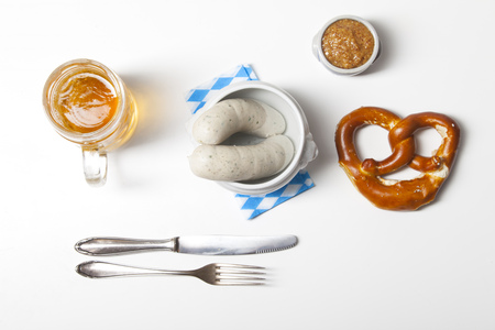 bavarian white sausages with pretzel の写真素材