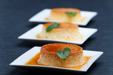 creme caramel on a square plate 