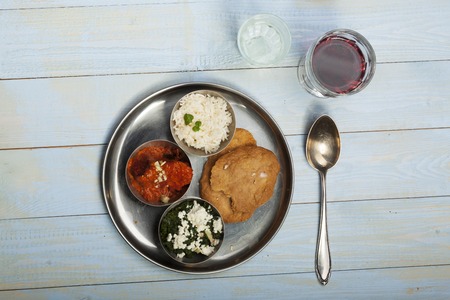 mixed indian thali food with riceの写真素材