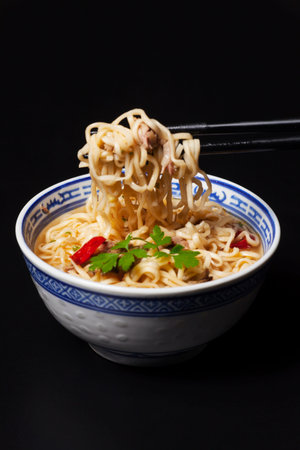 closeup of a ramen soup with chopsticks
