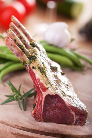 closeup of raw lamb chopsの写真素材