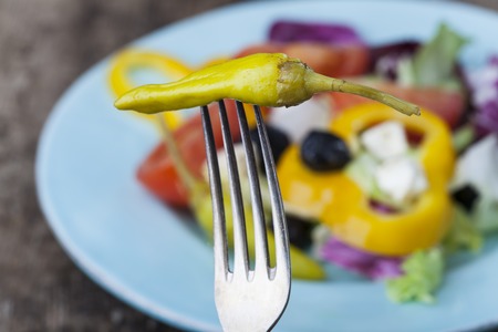 chilli on a fork over saladの写真素材