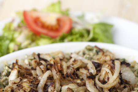 bavarian homemade pasta dish with saladの写真素材