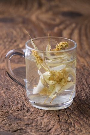 linden flower tea on woodの写真素材