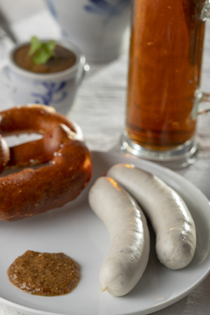 bavarian white sausages with pretzelの写真素材
