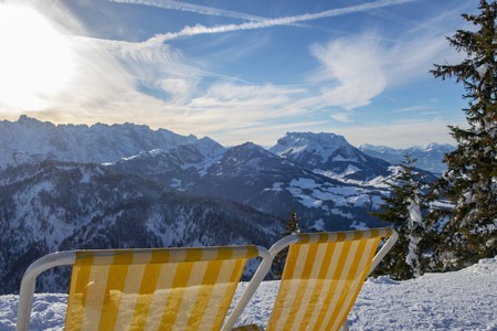deck chairs in austria in winterの写真素材