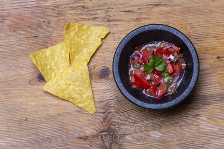 overview of chimichurri on woodの写真素材