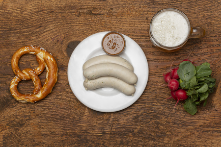 bavarian white sausage with pretzelの写真素材