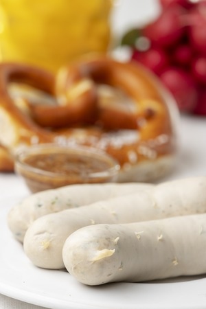 bavarian white sausage with pretzelの写真素材
