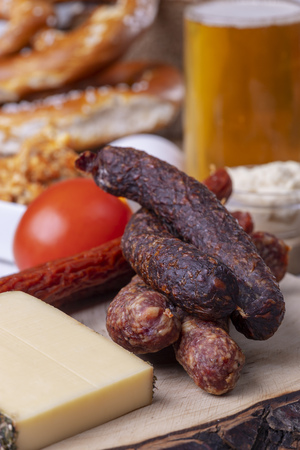 german sausages with cheese and beerの写真素材