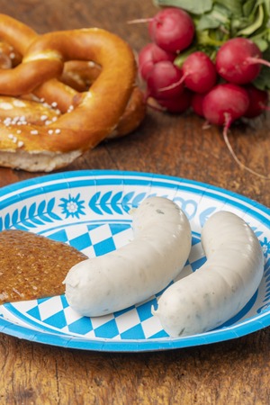 bavarian white sausage with pretzelの写真素材