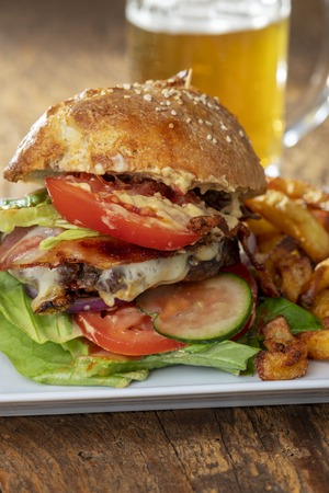 home made hamburger with french fries の写真素材
