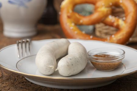overview of two bavarian white sausagesの写真素材