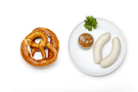 bavarian white sausage with pretzel の写真素材