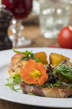grilled veal cutlet with a nasturtium flower の写真素材