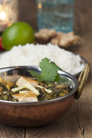 indian murgh palak dish with riceの写真素材