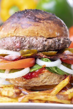 closeup of a hamburger with friesの写真素材