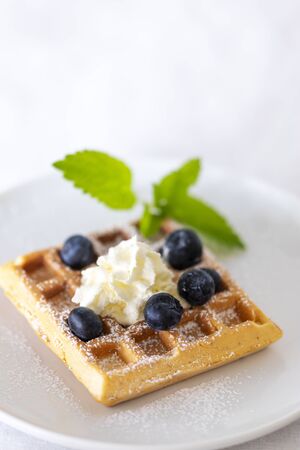belgian waffle with blueberriesの写真素材