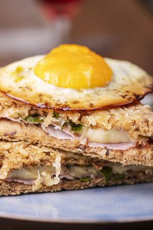 closeup of a french croque madameの写真素材