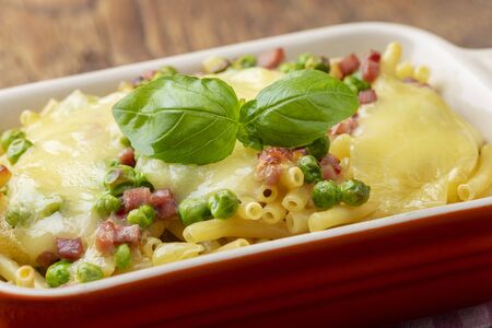 rigatoni emiliana in a casserole on woodの写真素材