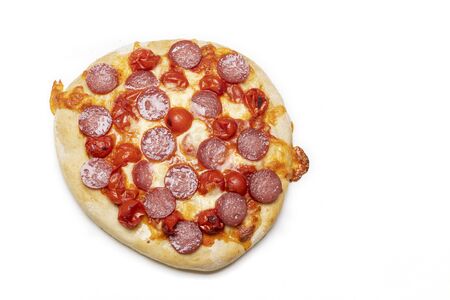 overview of a salami pizzaの写真素材