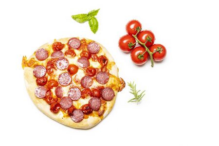 overview of a salami pizzaの写真素材