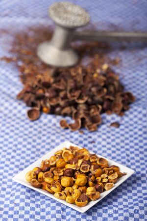 crushed hazelnuts with nutshells on a dish towelの写真素材