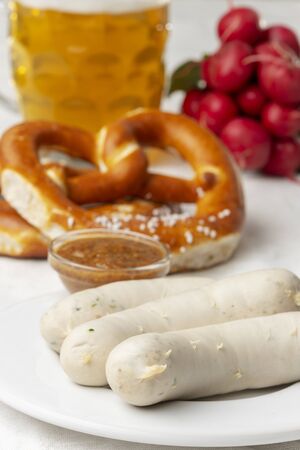bavarian white sausage with pretzelの写真素材