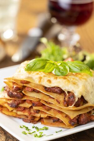 closeup of a portion of lasagnaの写真素材