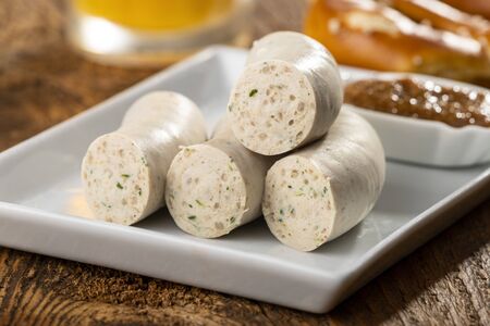 bavarian white sausage on a plateの写真素材