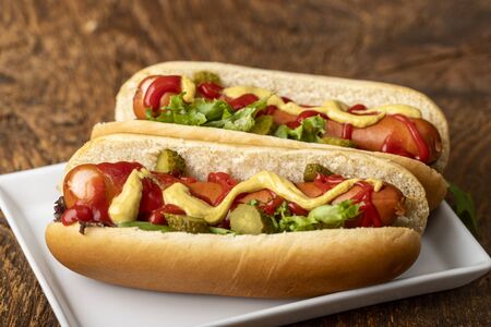 two classic hotdogs in bunsの写真素材