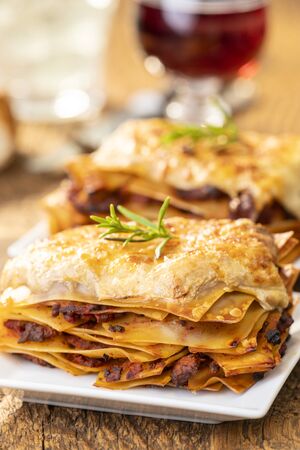 closeup of a portion of lasagnaの写真素材