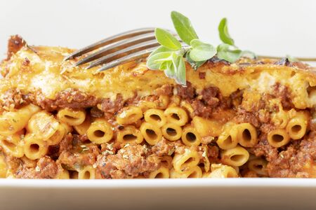 greek pastizio noodle dish with cheeseの写真素材