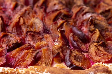 bavarian plum pie on dark woodの写真素材