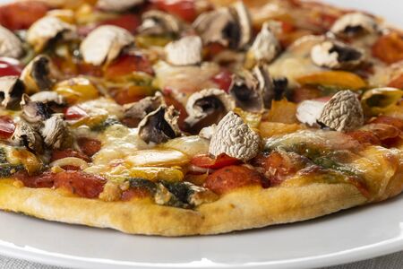 mushroom pizza on a white plateの写真素材