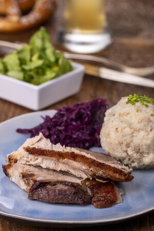 sliced bavarian roasted pork with dumplingの写真素材