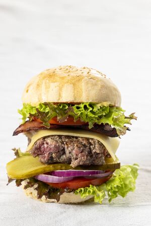 closeup of a single cheeseburger の写真素材