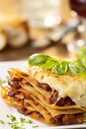 closeup of a portion of lasagna の写真素材