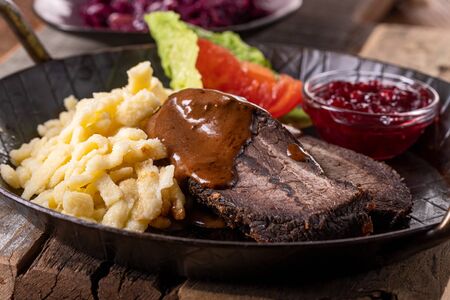 closeup of a german sauerbraten with dumplings の写真素材