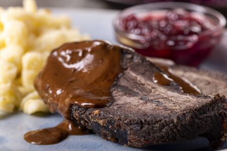 closeup of a german sauerbraten with dumplingsの写真素材