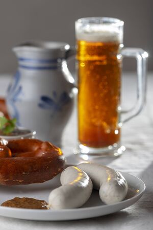 bavarian white sausages with pretzelの写真素材