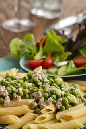 rigatoni emiliana on dark rustic woodの写真素材