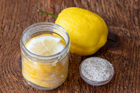 israeli salted lemon on woodの写真素材