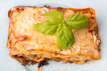 Lasagna with salad on dark woodの写真素材