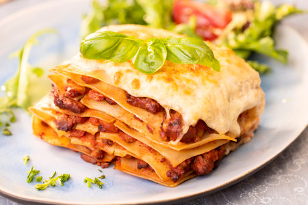 closeup of a portion of lasagnaの写真素材