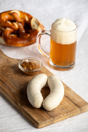 Bavarian white sausages with pretzelの写真素材